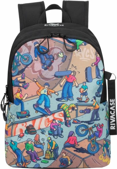 çantë shpine RIVACASE Skaters 5420, 12L, për laptop, material repelent uji, e zezë me print shumëngjyrësh