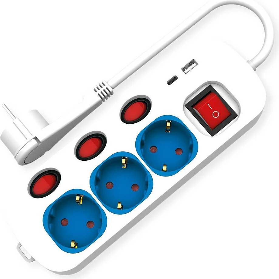 Zgjatues prizash ROLINE 3x, me prekës, USB-A + USB-C, 1.5 m, i bardhë