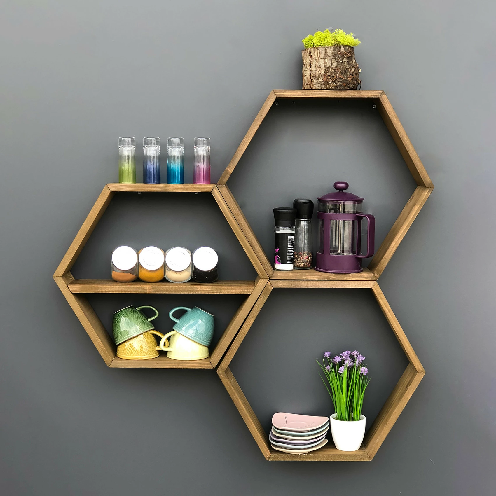 Raft muri prej druri, model hexagonal, ngjyrë arre, 3 copë, Hanah Home Hex004