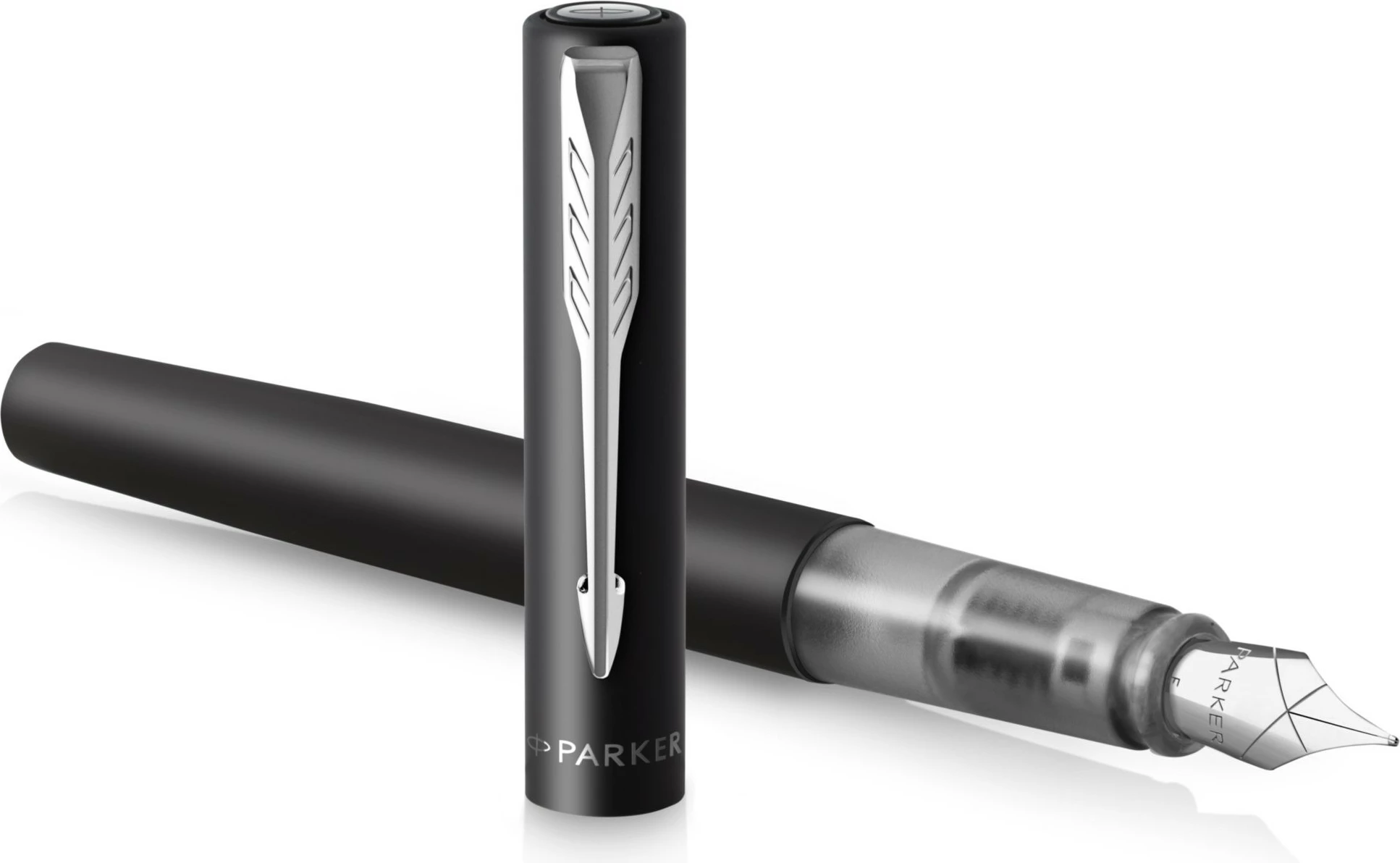 Stilograf PARKER Vector XL, mesatar, ngjyrë zezë, trup çeliku, mbushje me patron, ngjyrë e kaltër