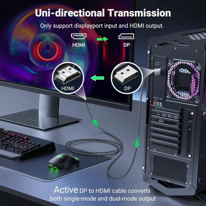 kabllo DisplayPort në HDMI UGREEN 25491 4K@60Hz 3 m argjend/e zezë