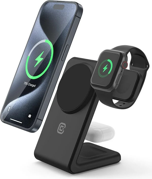 Karikues wireless 3-në-1 CRONG MagSpot me MagSafe, për iPhone, Apple Watch dhe AirPods, 20W, i zi
