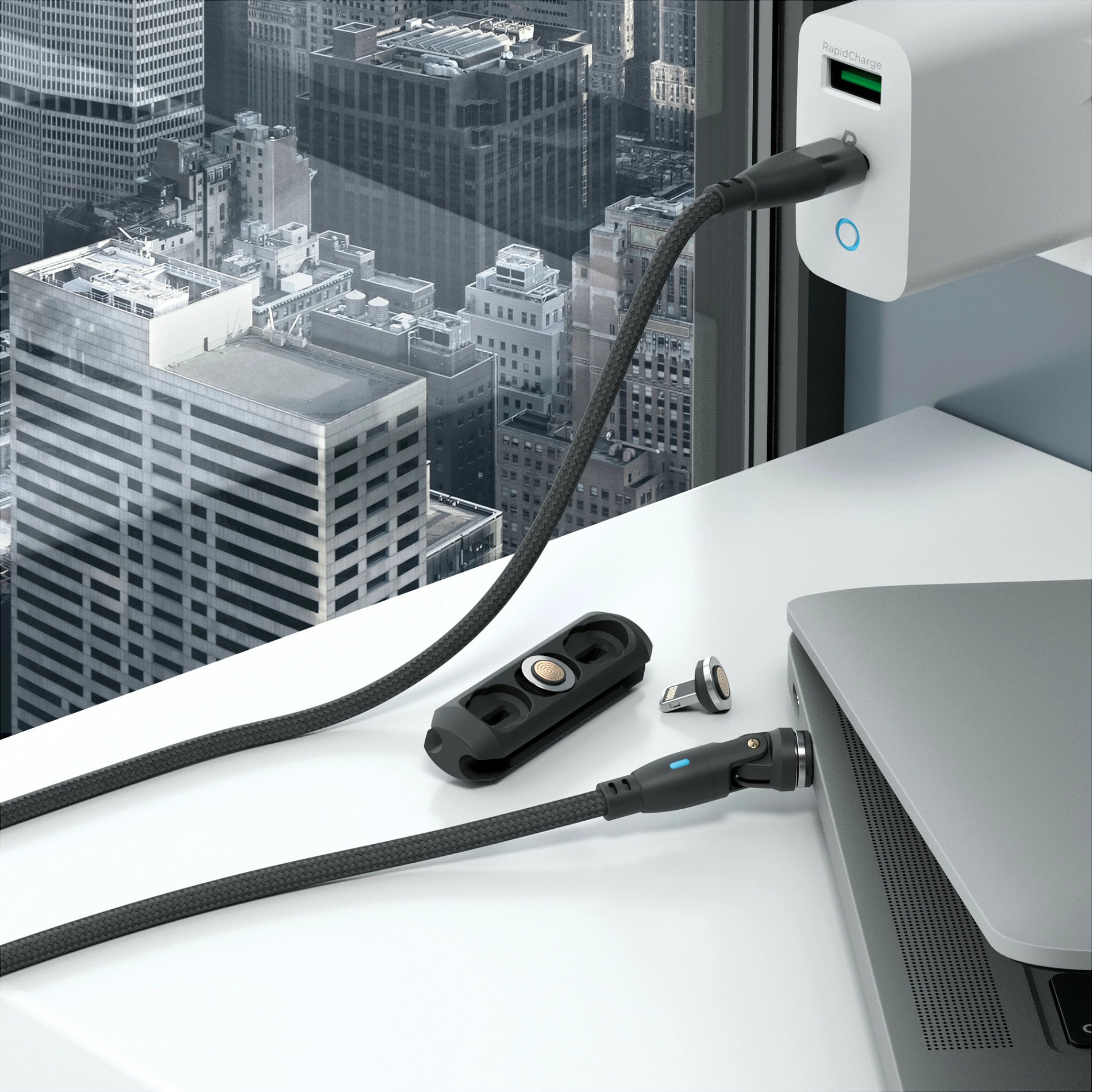 Kablë magnetike RealPower 100W, 1m, USB-C me adapterë Lightning/Micro-USB/USB-C, e zezë
