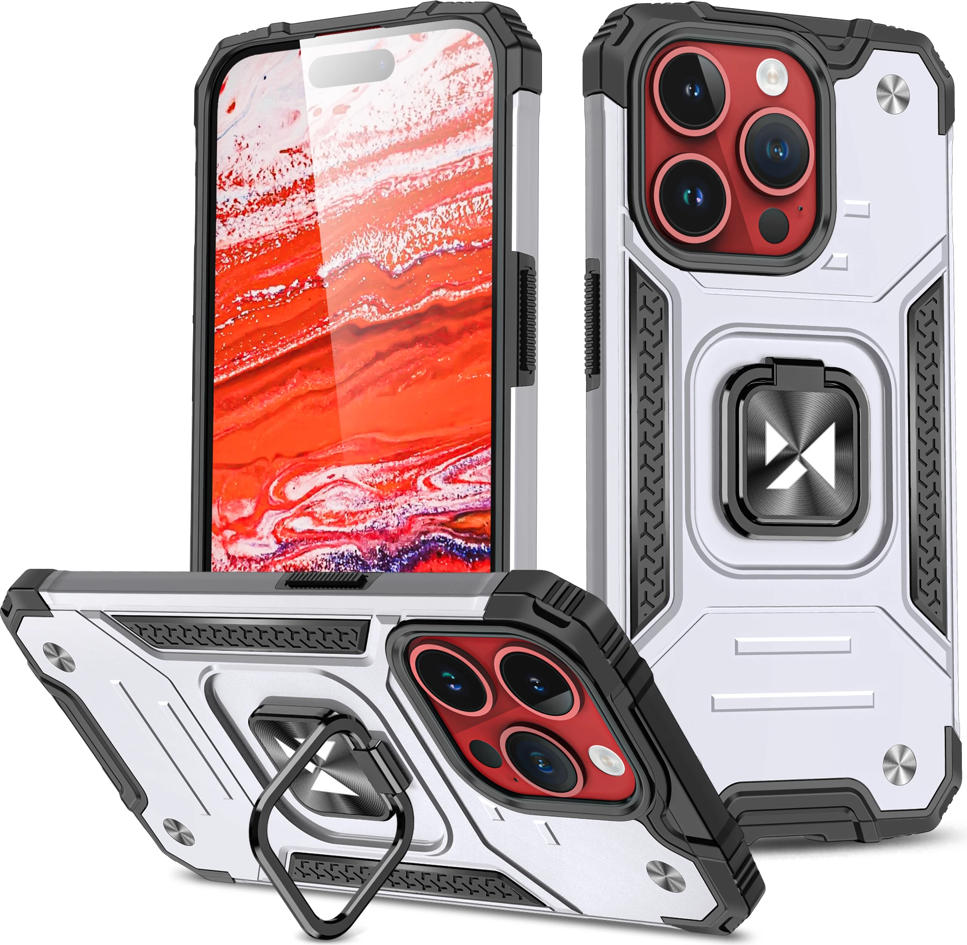 Mbështjellës Wozinsky Ring Armor për iPhone 15 Pro Max, me ring holder dhe stand, Argjendtë