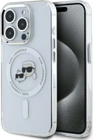 Mbështjellës Karl Lagerfeld IML Metal Karl&Choupette Head MagSafe për iPhone 15 Pro, Bardhë