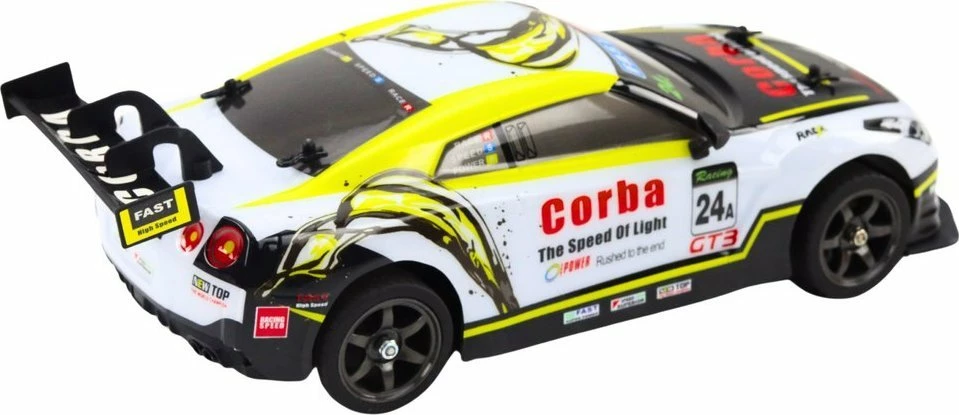 Vetura me telekomandë LeanToys RC Drift 1:16, 2.4 GHz, rrota të ndërrueshme, e bardhë-verdhë, set me rrota rezervë