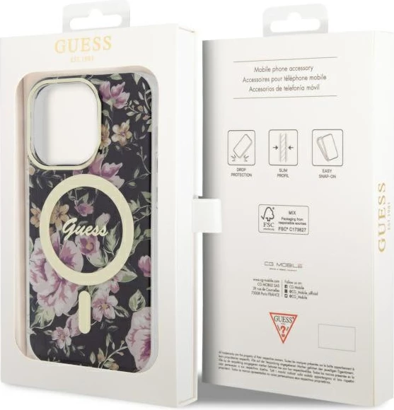 Mbështjellës Guess GUHMP14LHCFWSK për iPhone 14 Pro 6.1", Flower MagSafe, zi