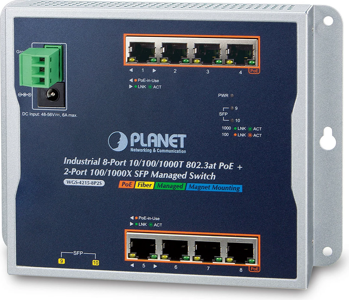 Switch Planet WGS-4215-8P2S, 8x Gigabit PoE+ (802.3at) 200W, 2x SFP, wall-mount, i zi