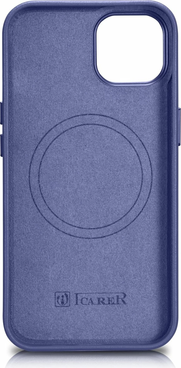 Mbështjellës iCarer për iPhone 14, lëkurë natyrale, MagSafe, vjollcë e çelët