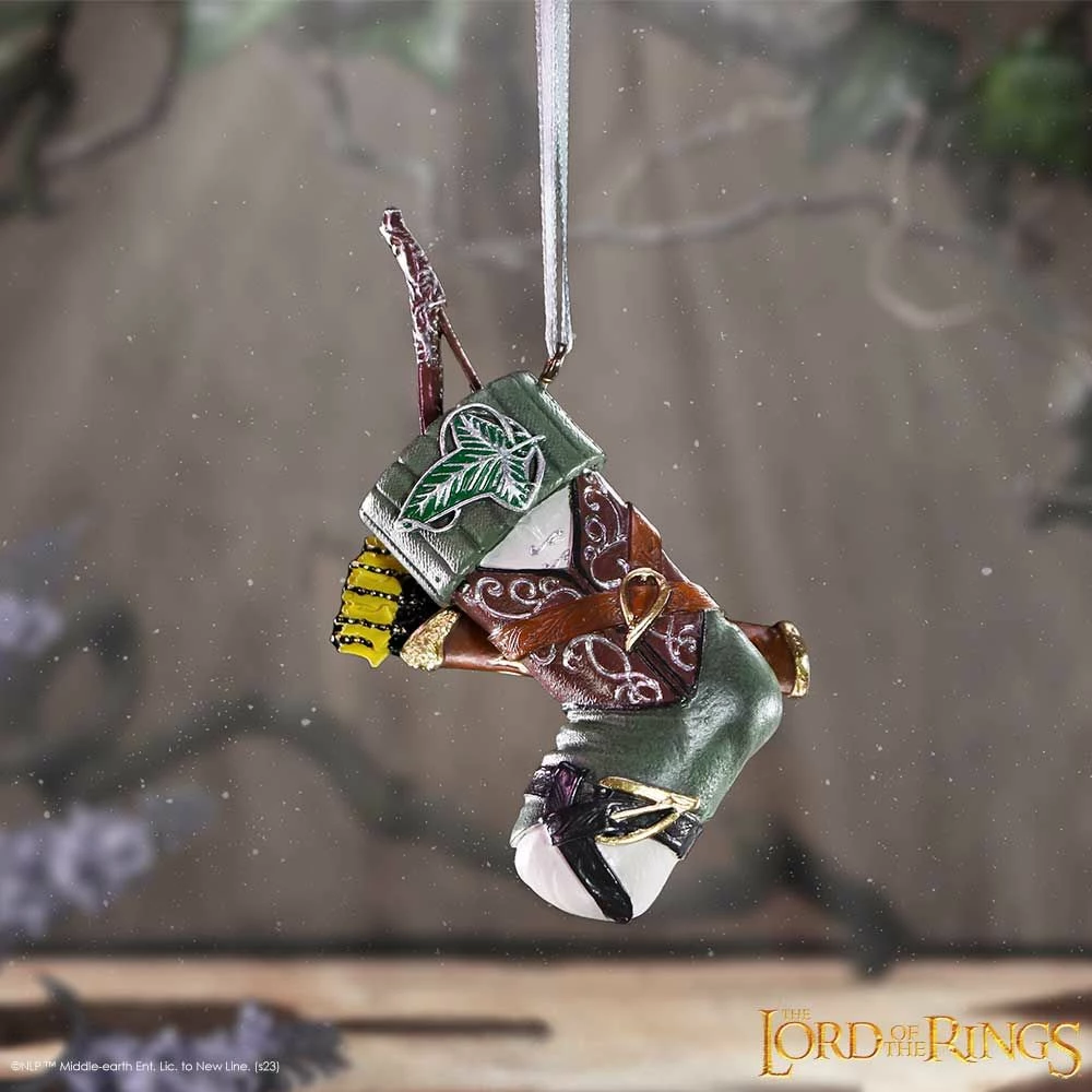 Ornament varëse çorape Krishtlindjesh NEMESIS NOW Lord of the Rings Legolas 8.8 cm, polyresin, në kuti dhurate, jeshile/kafe