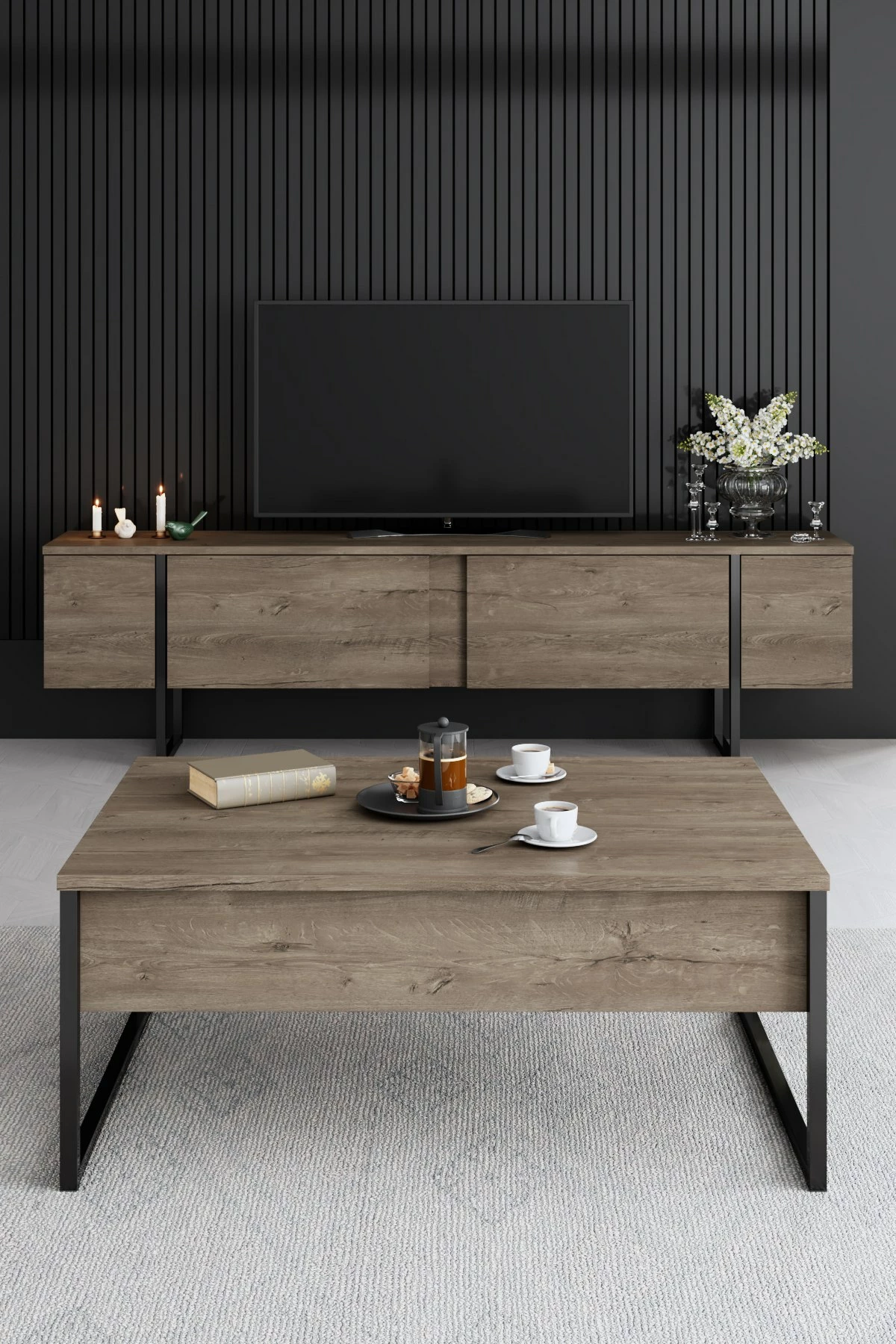 Set mobiljesh për dhomë dite, Luxe, ngjyrë arre dhe e zezë