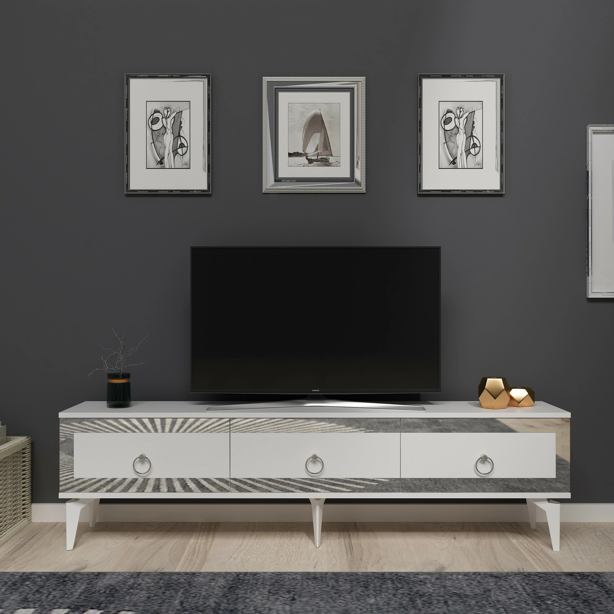 Komodë TV Hanah Home, Ponny, e bardhë, argjend