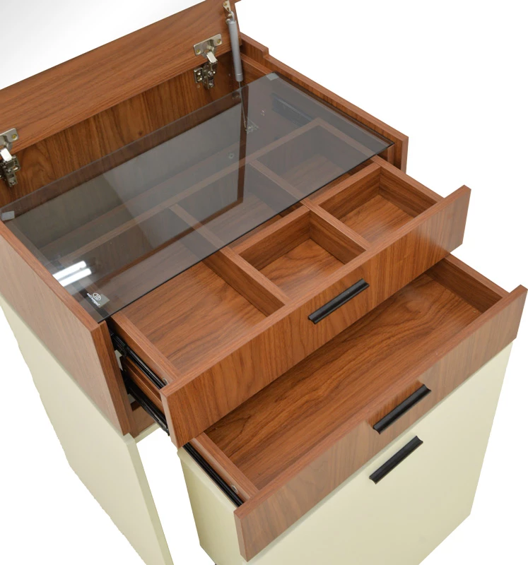 Tavolinë grimi Sonlen, ngjyrë arre-krem, 60x45x130cm, me pasqyrë dhe stol