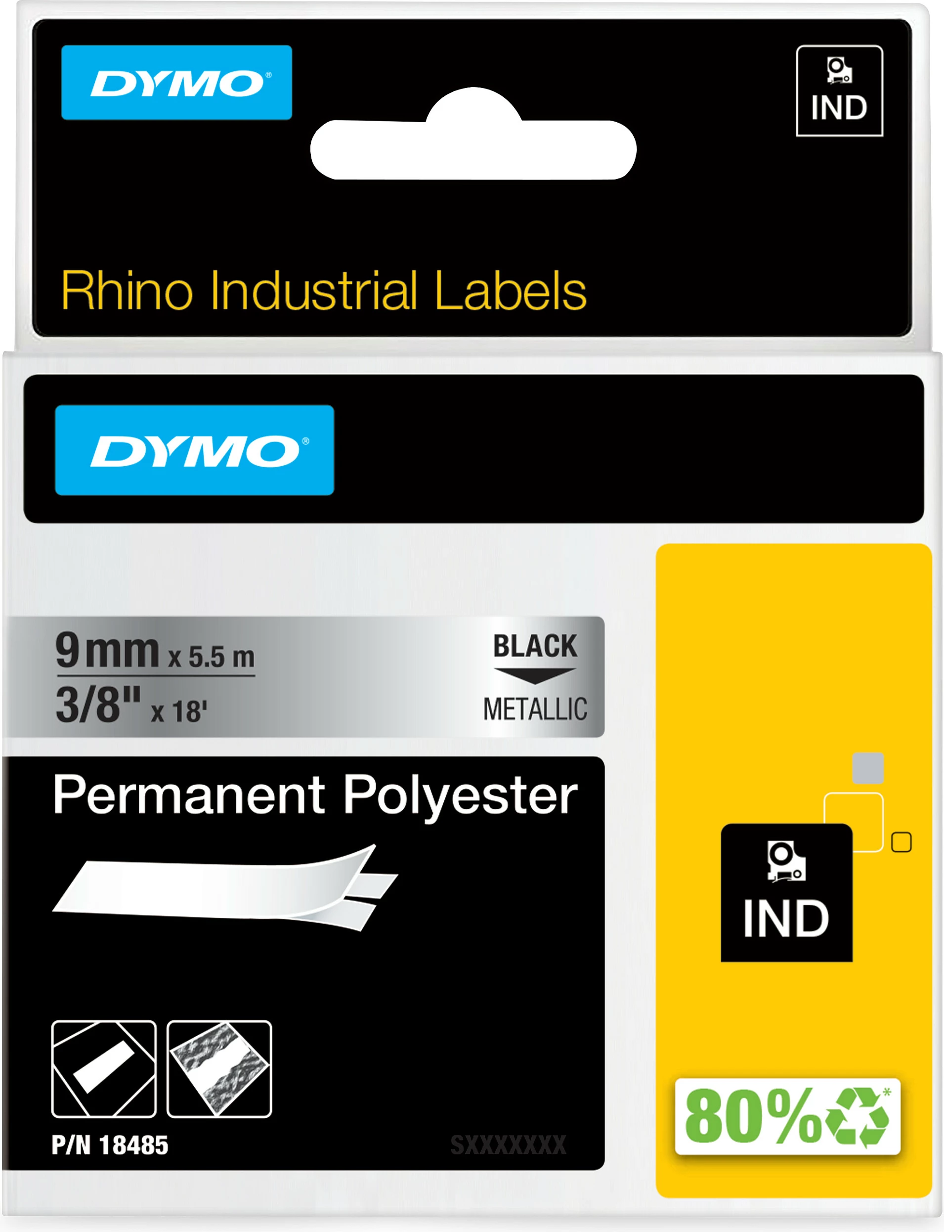 Shirit etikete Dymo Rhino Industrial, poliester permanent, 9mm x 5.5m, black on metallic