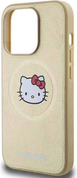 Mbështjellës Hello Kitty Leather Kitty Head MagSafe për iPhone 15 Pro, lëkurë artificiale, ari