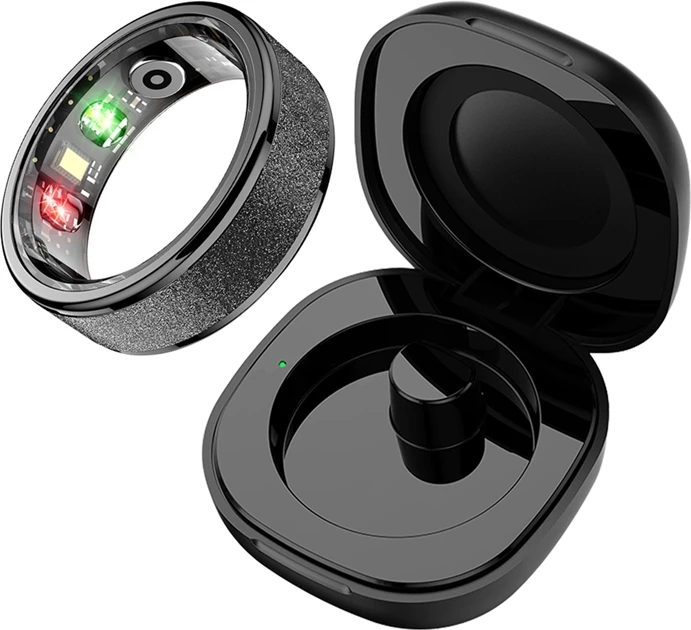 Unazë inteligjente, Colmi R10, diametër i brendshëm 18.3 mm, madhësi 8, Bluetooth 5.0, 5ATM, me kuti karikimi, e zezë