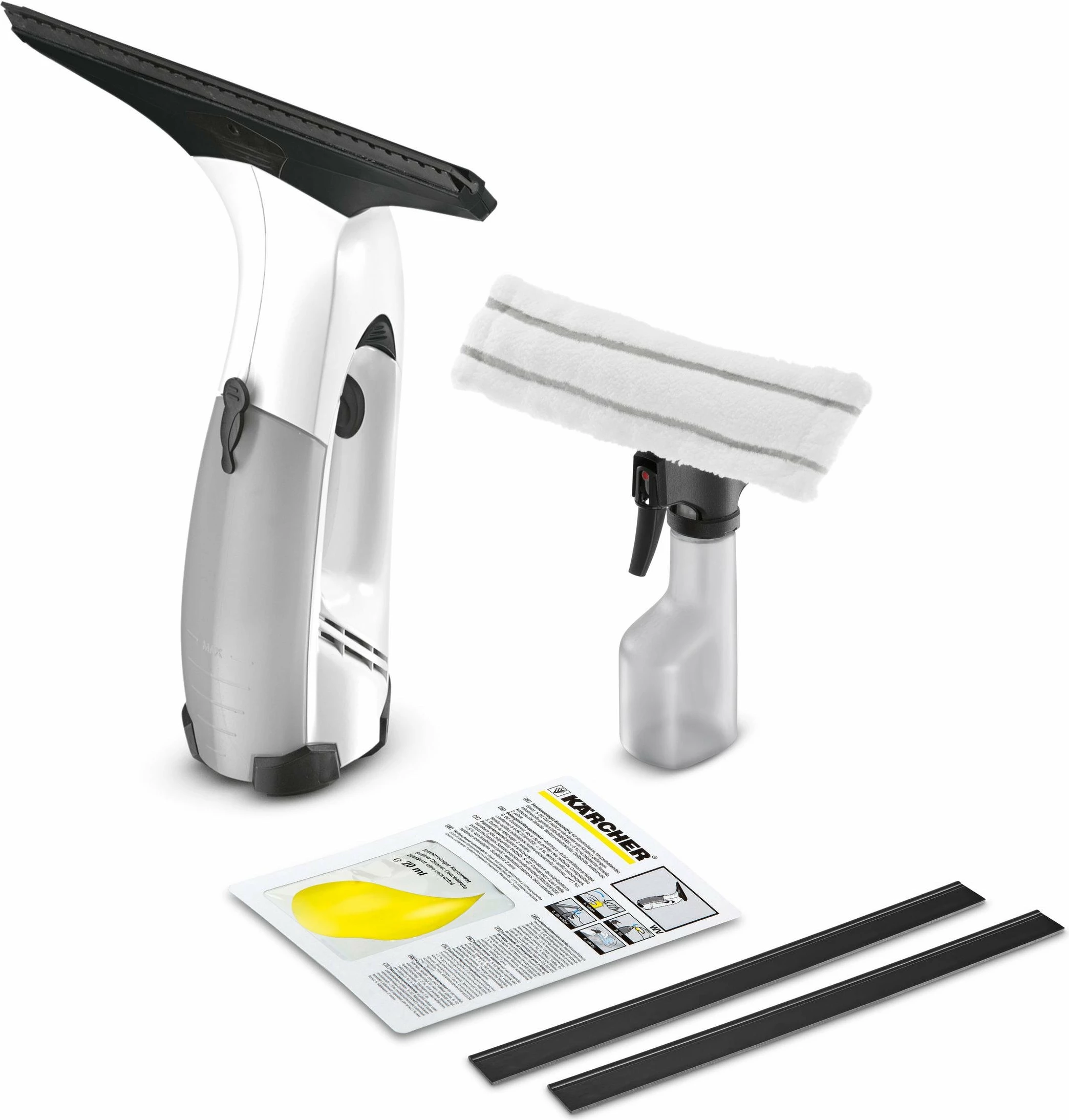 Pastrues dritaresh Karcher WV 71 Plus, bateri Li-ion, 100 ml, 280 mm, i bardhë, set (koncentrat 20 ml + microfiber pad + karikues)