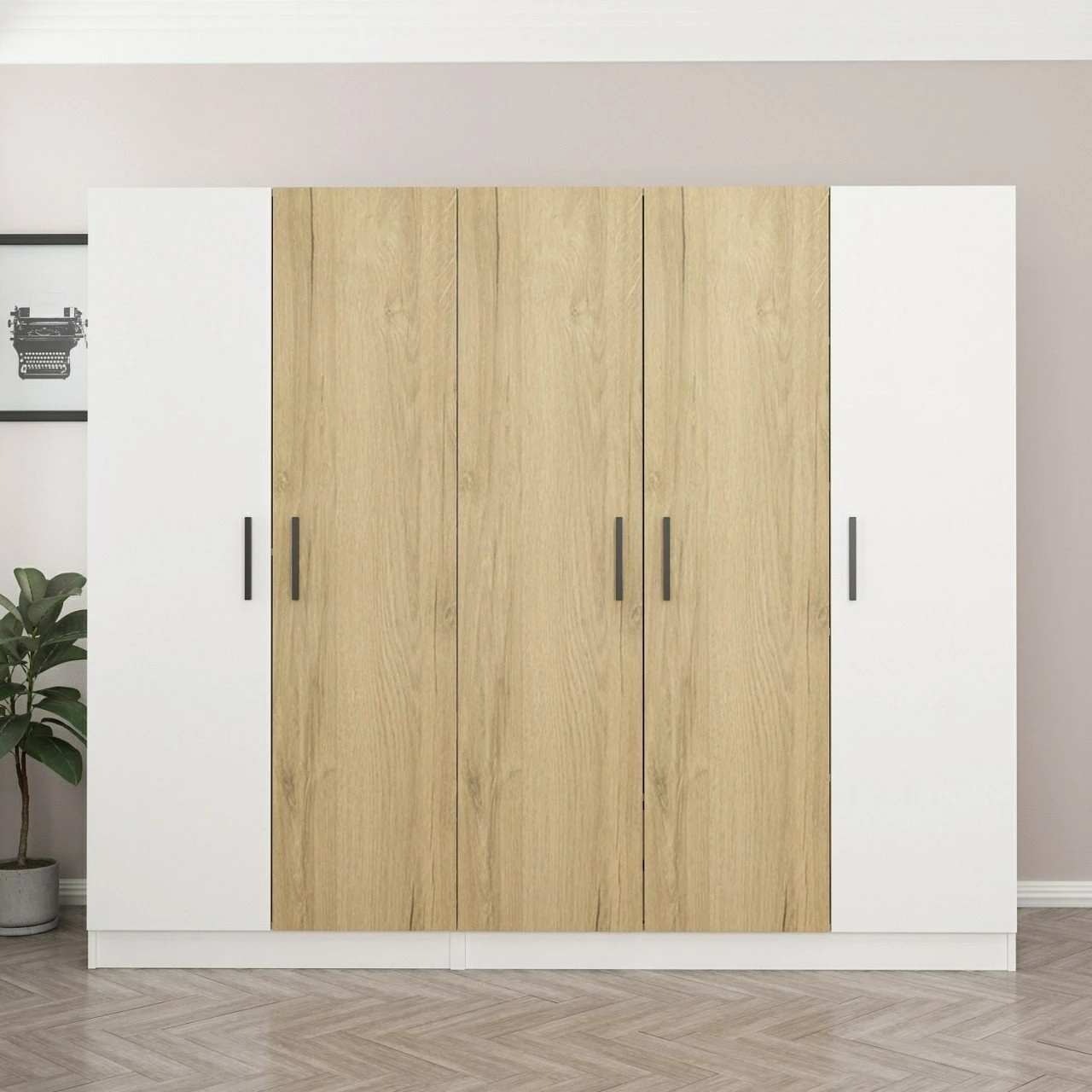 Dollap Hanah Home, Kale - 3110, ngjyrë e bardhë dhe dru natyral, 225x190x52cm