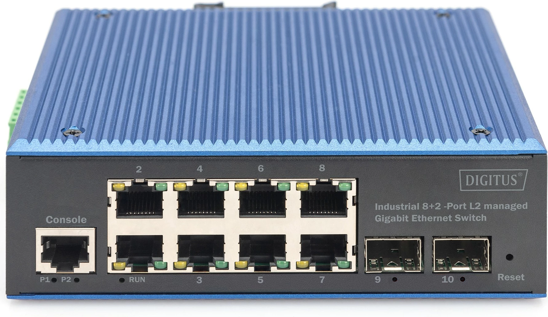 Switch industrial Digitus DN-651156, 8x RJ45 GE, 2x SFP, menaxhim L2, kasë metalike, IP40, blu