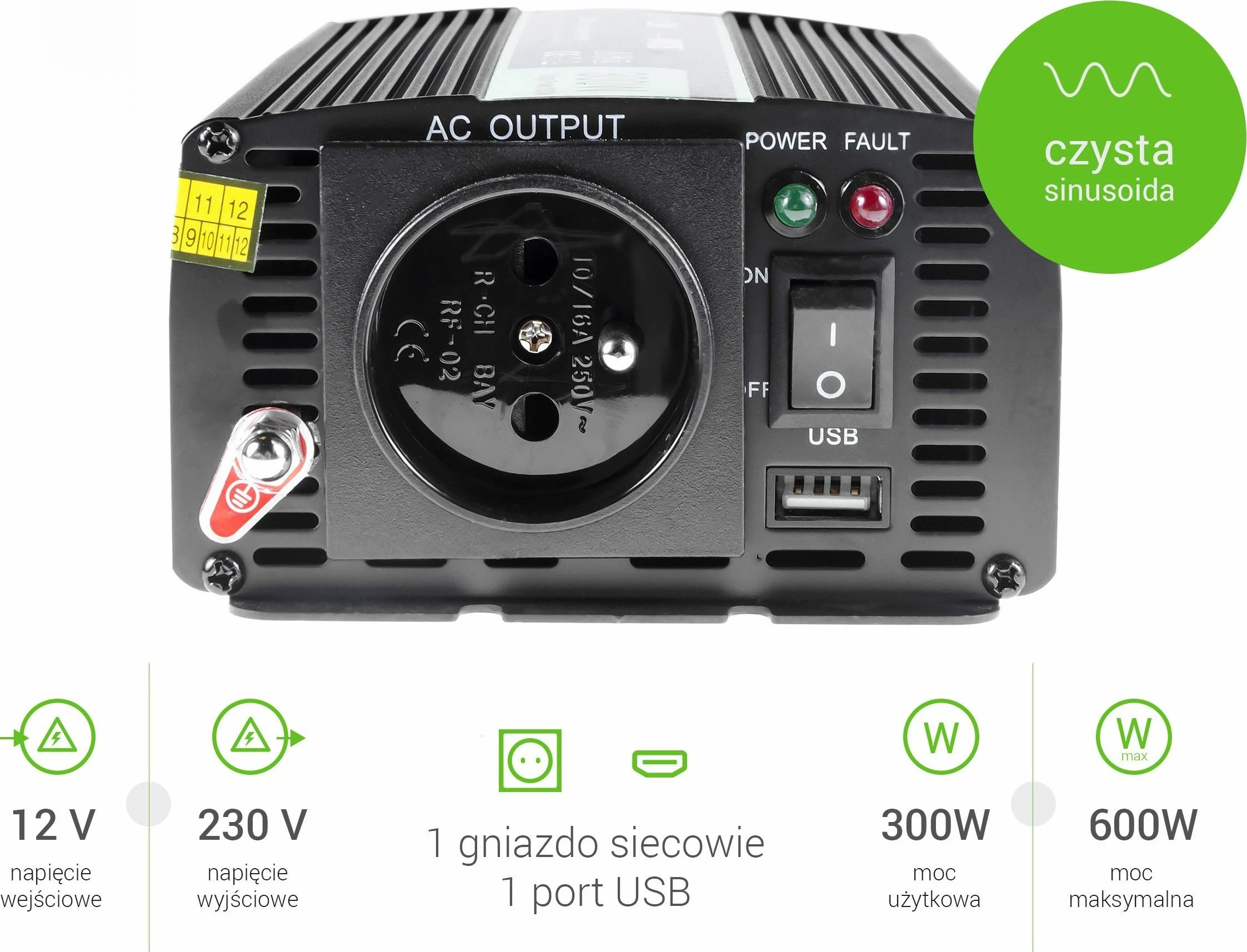 Inverter Green Cell INV05DE 12V/230V 300W sinusoide e pastër, i zi