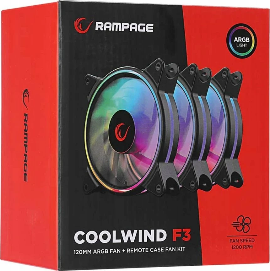 Set ftohës për CPU Rampage Coolwind F3, 3x120mm ARGB, PWM, 1200 rpm, 38 CFM, 23 dBA, i zi/bardhë, me HUB