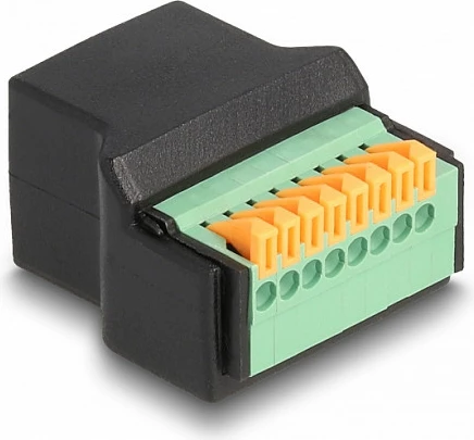 Adapter DeLOCK RJ45 female në Terminal Block me buton, 300 V, i zi/jeshil
