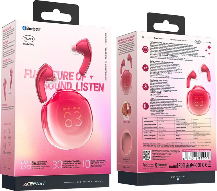 Kufje Acefast T9, wireless, Bluetooth 5.3, me ekran LED, të kuqe