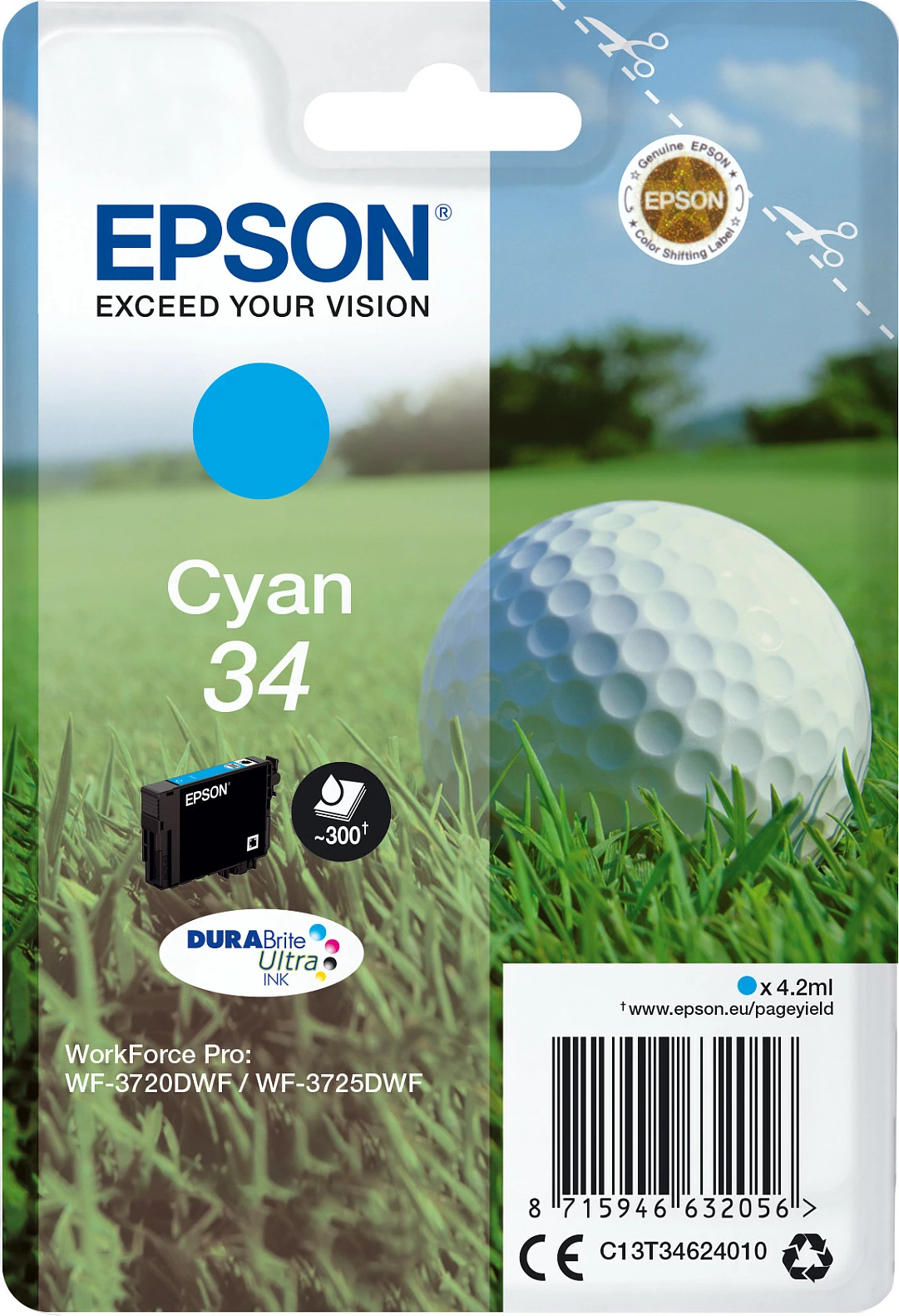 Toner Epson Golf ball Singlepack Cyan 34 DURABrite Ultra Ink, standard, 4.2ml, 1 copë, cyan