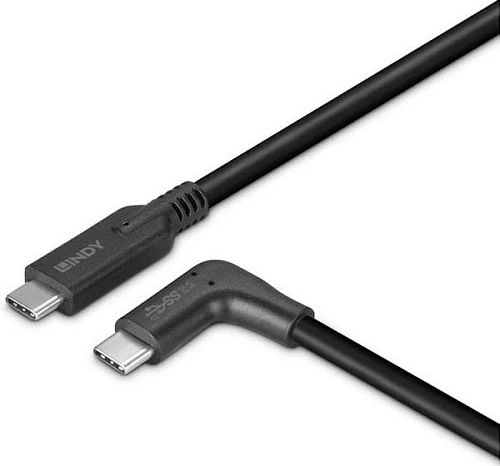 Kabllo USB-C LINDY USB 3.2 Gen 2, 0.5m, USB-C në USB-C, 90° e kënduar, 10Gbps, PD 60W, e zezë