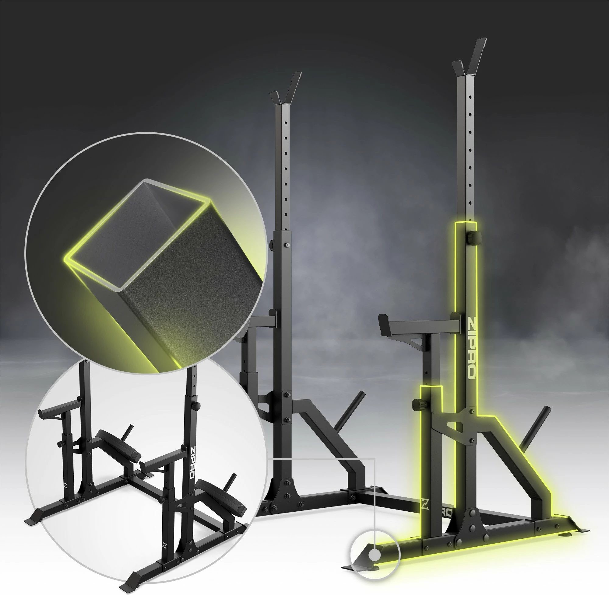 Rack për shtangë Zipro LIFT, i rregullueshëm me safety dhe mbajtëse për disqe, 320 kg, i zi