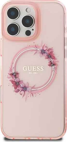 Mbështjellës Guess IML Flowers Wreath MagSafe për iPhone 16 Pro Max, Rozë