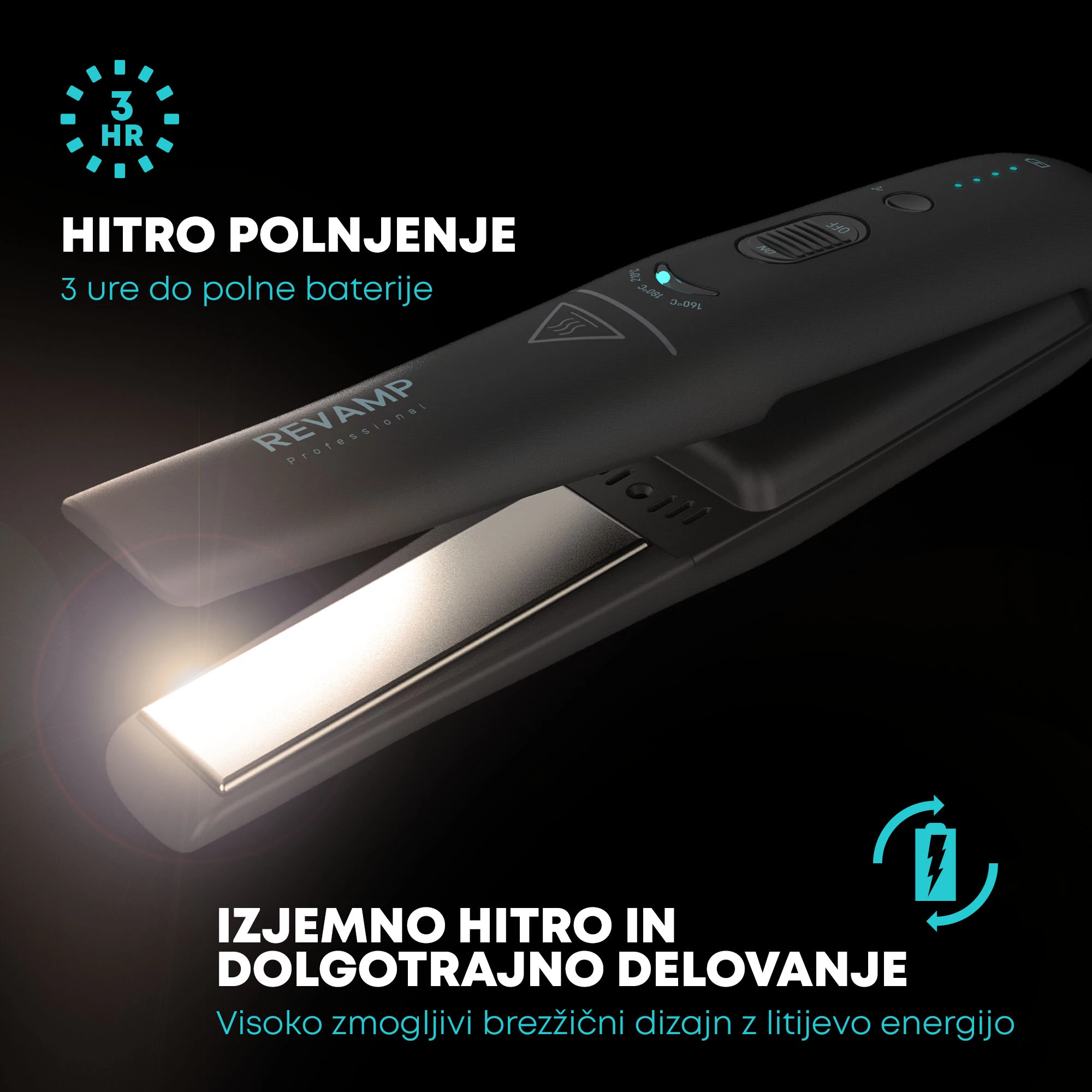 Piastrë flokësh pa kabllo Revamp Progloss Liberate ST-1700, 160-210°C, pllaka qeramike jonike, e zezë, me çantë udhëtimi