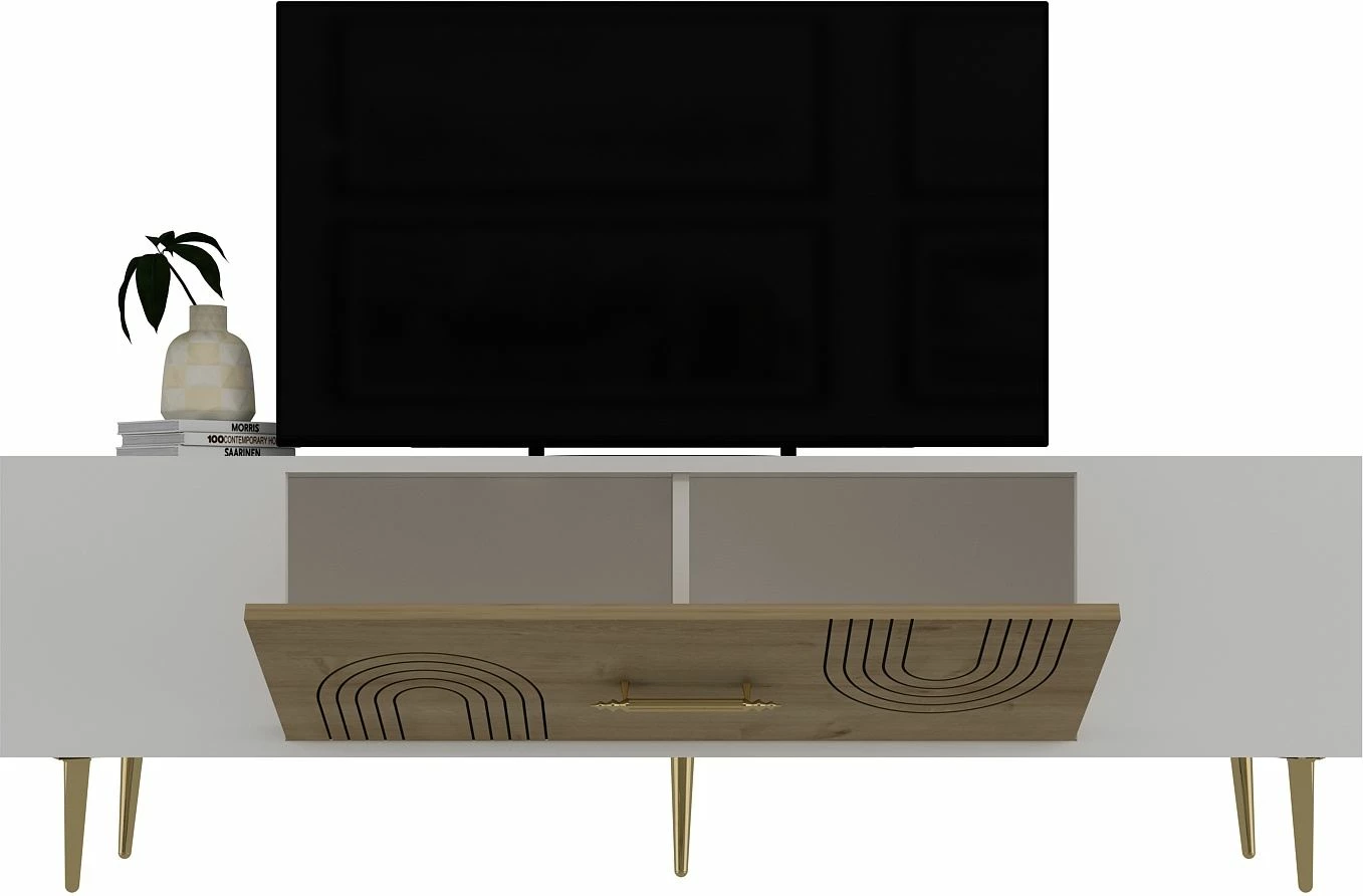 Komodë TV Skye Decor, e bardhë, lis safir, e artë, Dekol2