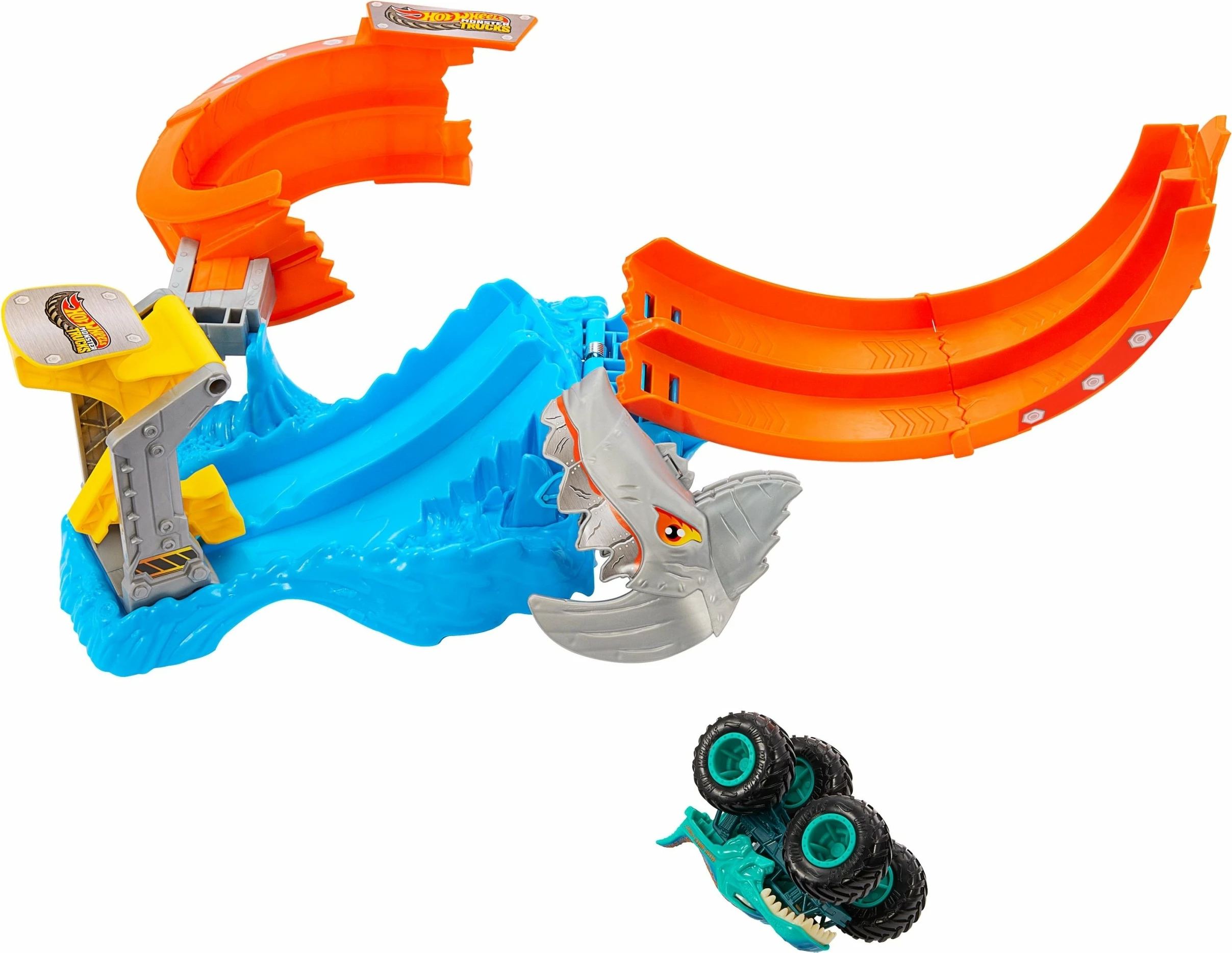 Set pistë Hot Wheels Monster Trucks Shark Loop JFR08, shkallë 1:64, me 1 monster truck, shumëngjyrëshe