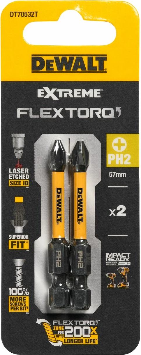Bit impact DeWalt EXTREME FlexTORQ DT70532T 57mm PH2, set 2 copë