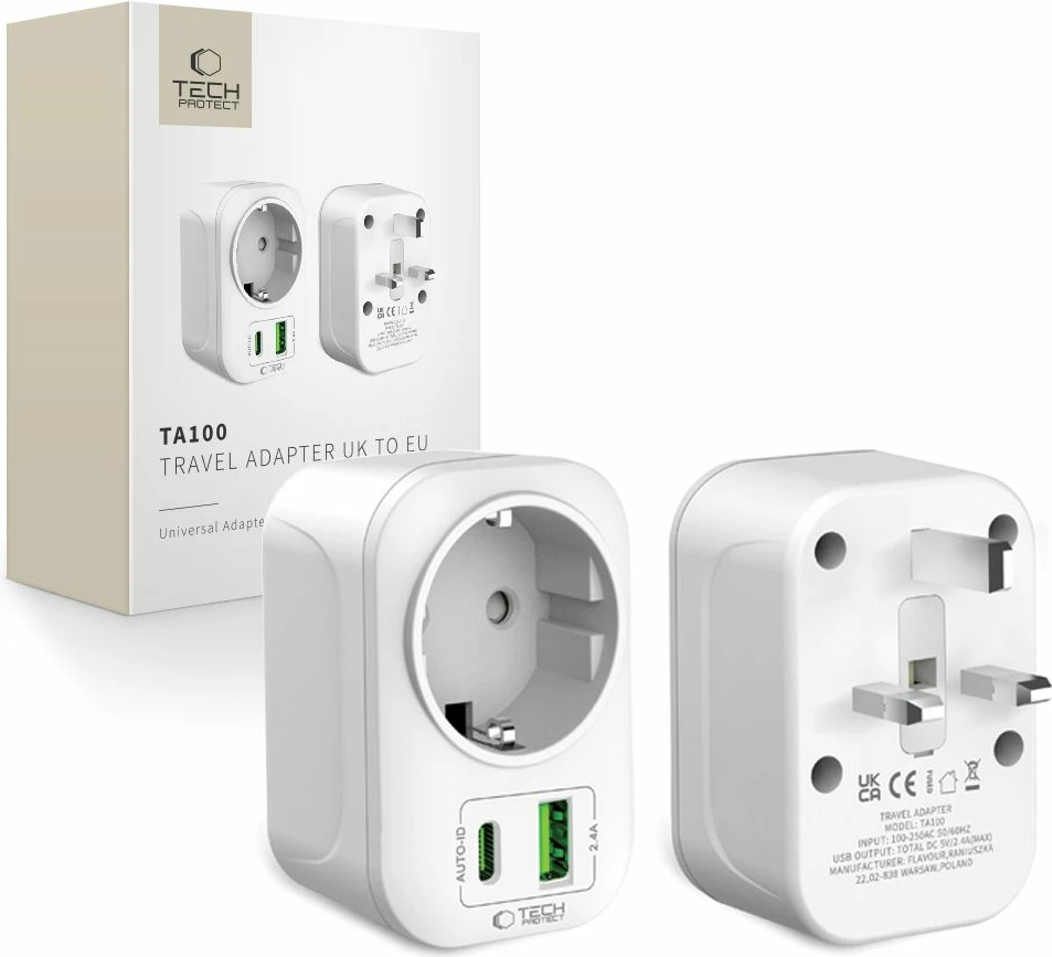 Adapter udhëtimi Tech-Protect TA100 EU në UK, 2500W, USB-A + USB-C, i bardhë, 1 copë