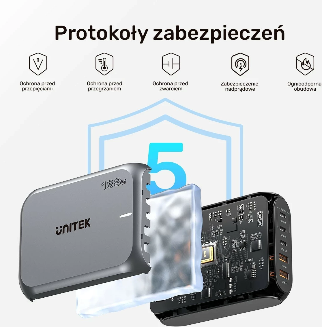 Karikues rrjeti Unitek GAN 188W, 2xUSB-A, 3xUSB-C, gri