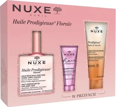 Set për trup, fytyrë dhe flokë Nuxe Prodigious Floral Oil për femra, dry oil 100ml + shampon 30ml + shower oil 100ml