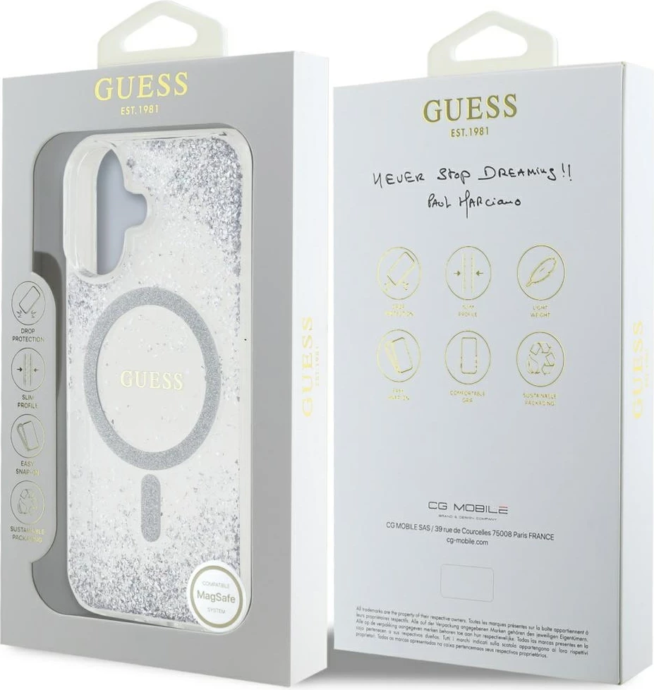Mbështjellës Guess HC Resin Bottom Glitter MagSafe për iPhone 16, Argjendtë