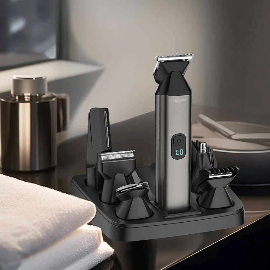 Set trimmer 6-në-1 Feel-Maestro MR-661, bateri 100 min, karikim USB-C, tehe çelik inoksi, wet & dry, e zezë/gri