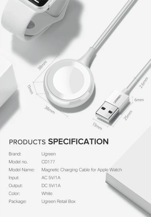 Karikues magnetik wireless për Apple Watch UGREEN 60969, USB-A + USB-C, 5V/1A, e bardhë