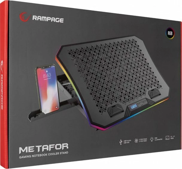 Pllakë ftohëse për laptop Rampage Metafor për 10-19", 6 ventilatorë, RGB, 2x USB 2.0, e zezë