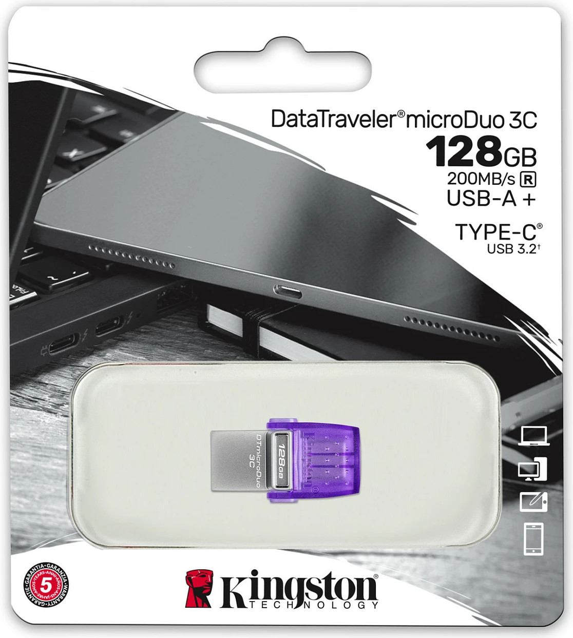USB flash Kingston DataTraveler microDuo 3C 128GB, USB-A/USB-C, 200MB/s, stainless steel, purple