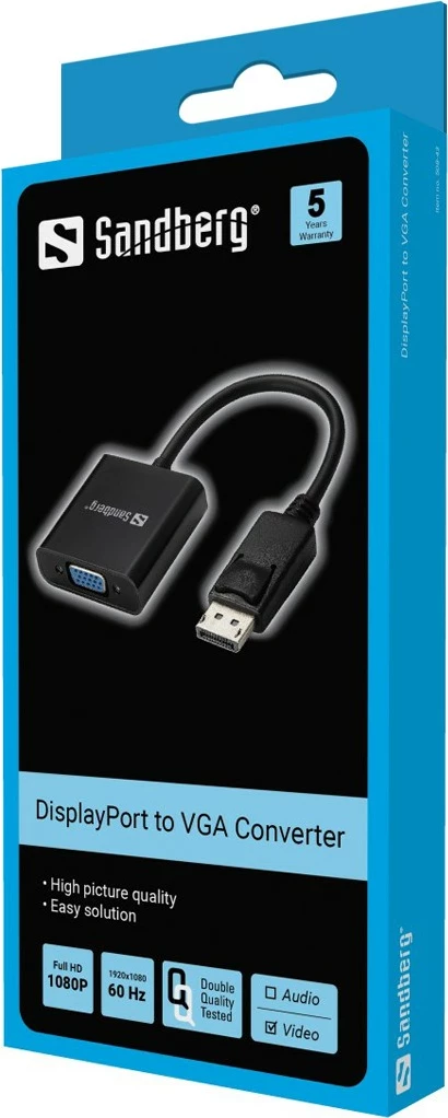 Adapter DisplayPort>VGA Sandberg, DisplayPort, VGA (D-Sub), 1920 x 1080 pixels, e zezë