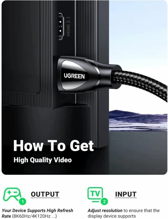 Kabl HDMI UGREEN 80404 HDMI 2.1 8K@60Hz 4K@120Hz 48Gbps 3 m, e zezë, polybag