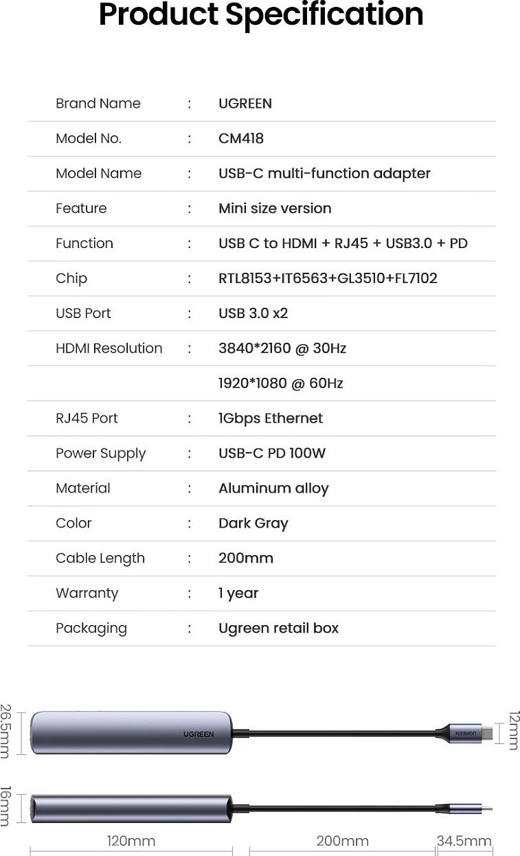 Hub USB-C Ugreen 5-në-1, HDMI, 3x USB-A, Ethernet, gri
