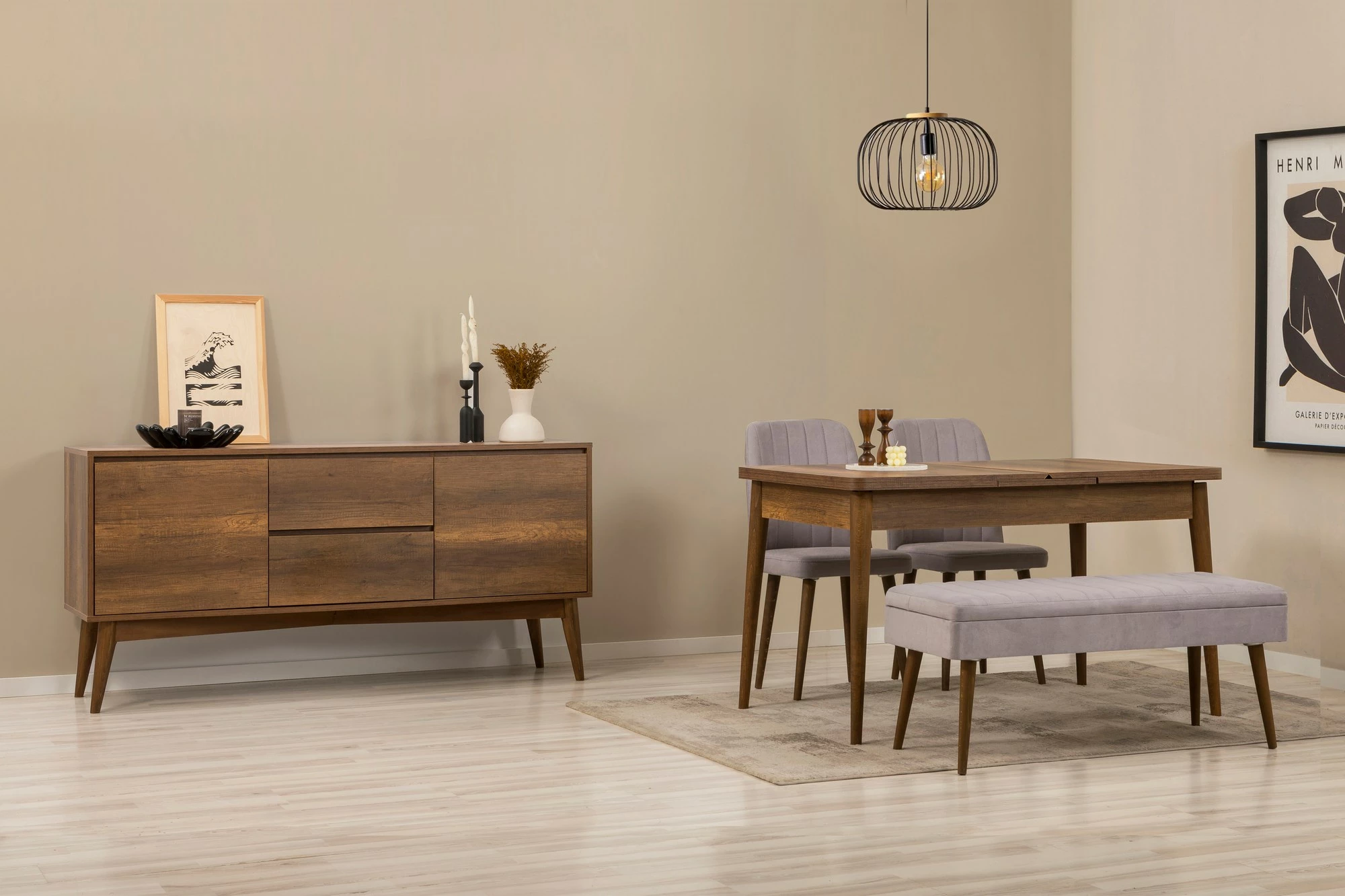 Set tavolinë me karrige dhe konsol, zgjatues, 5 pjesë, Skye Decor, Vina 02 0701, ngjyrë arre, gri