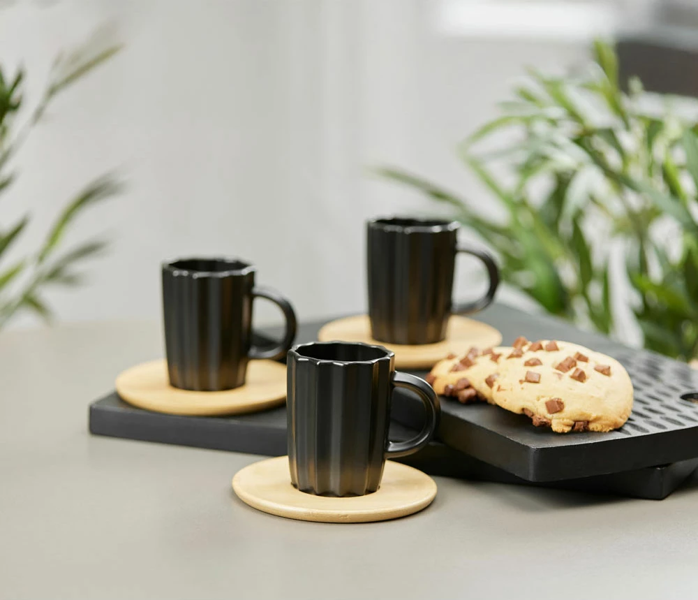 Set filxhanësh espresso Cactus, porcelan i zi, bambu natyral, 6 copë, 32x28x7cm