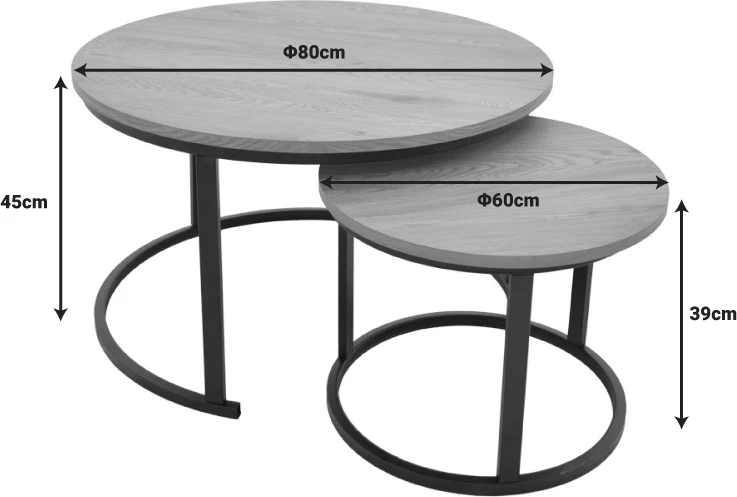 Set tavolinash kafeje Revelon, MDF, ngjyrë lisi, këmbë të zeza