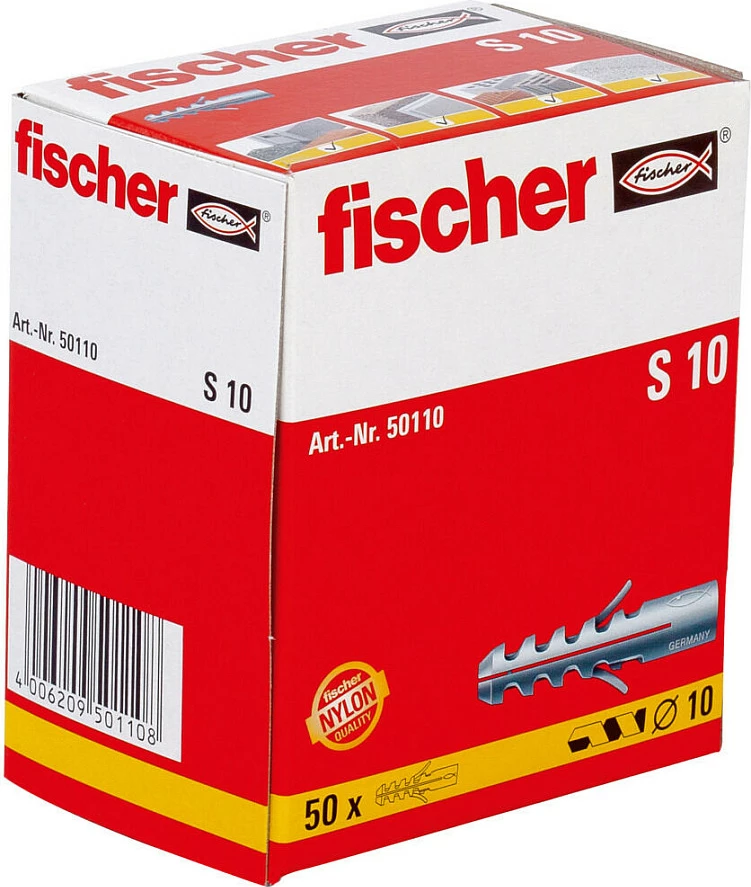 Dübel Fischer 50110, Ø10 mm, 50 mm, për tulla/beton, pakim 50 copë, gri